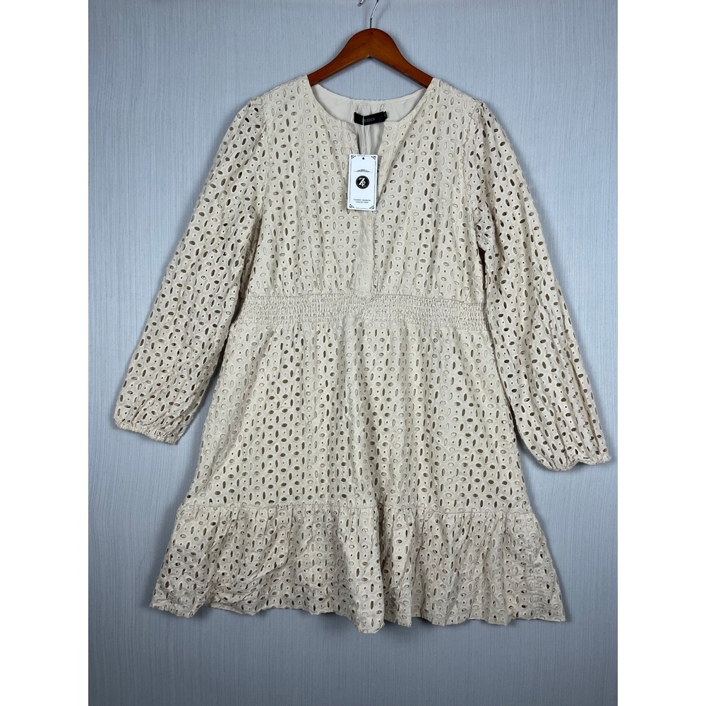 Eyelet Mini Dress Women XL Beige Long Sleeve Smocked Tiered Boho Cottagecore NWT